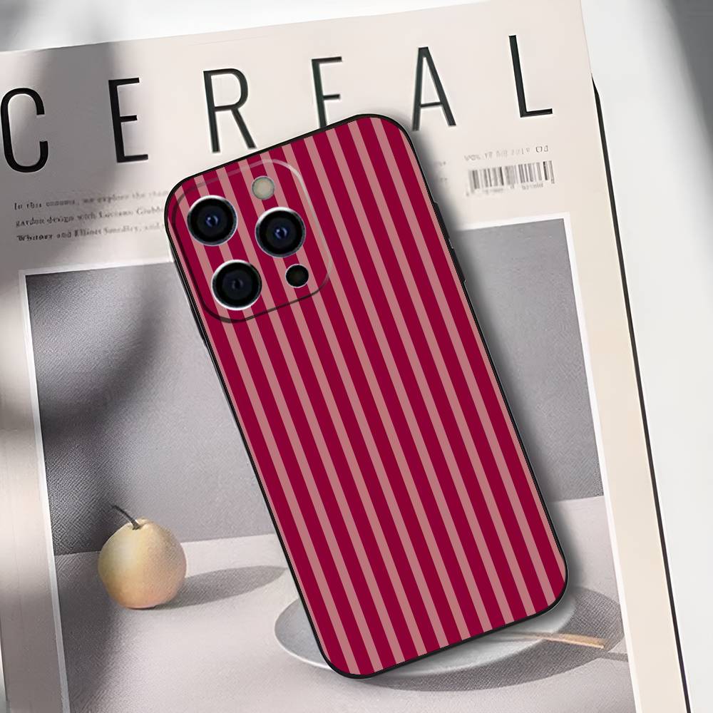 Burgundy White Stripe pattern Phone Case For iPhone 17,16,15,14,13,12,11 Plus,Pro Max,XS,Soft Black Cover