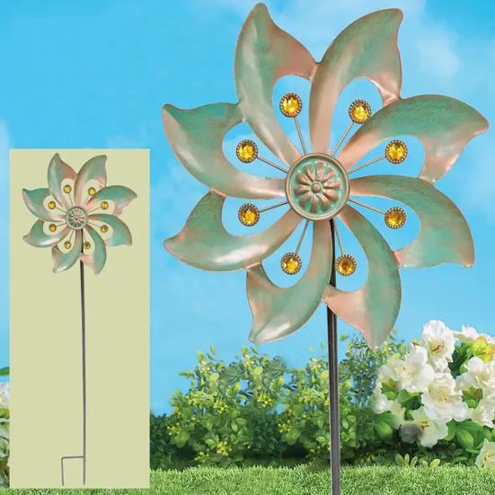 Metal Flower Wind Spinner Garden Kinetic Wind Sculpture Outdoor Retro Wind Spinner with Stake for Yard Lawn