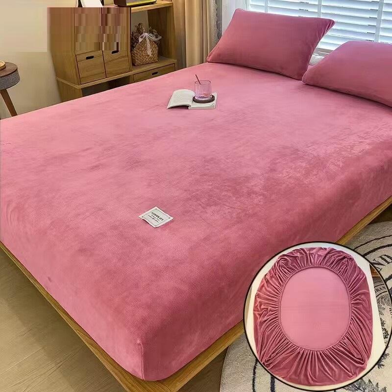 Solid Color Milk Velvet Fitted Sheet Soft Comfortable Bedding Mattress Protector Autumn Winter Warm Mattress Cover for Bedroom