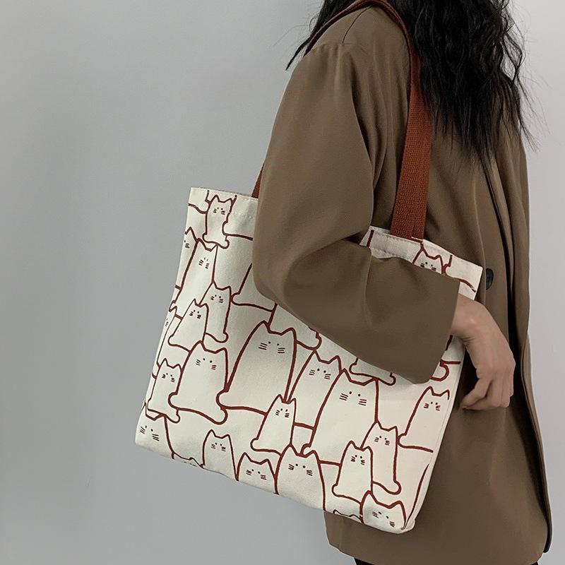 Stylish Cat Pattern Student School Bags Large Capacity Canvas Tote Bag Cute Literary Handbag Shoulder Bag for Women Daily Use бежевый 1890₽
