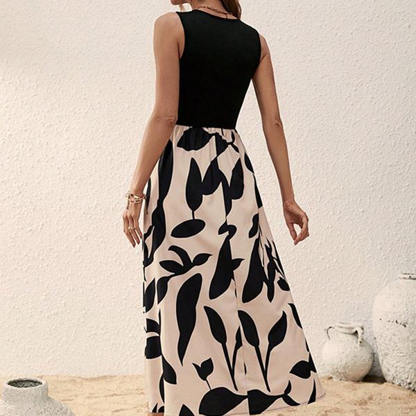 Women Summer Casual Sleeveless U Collar Leaves Printed Holiday Beach One Piece Dress