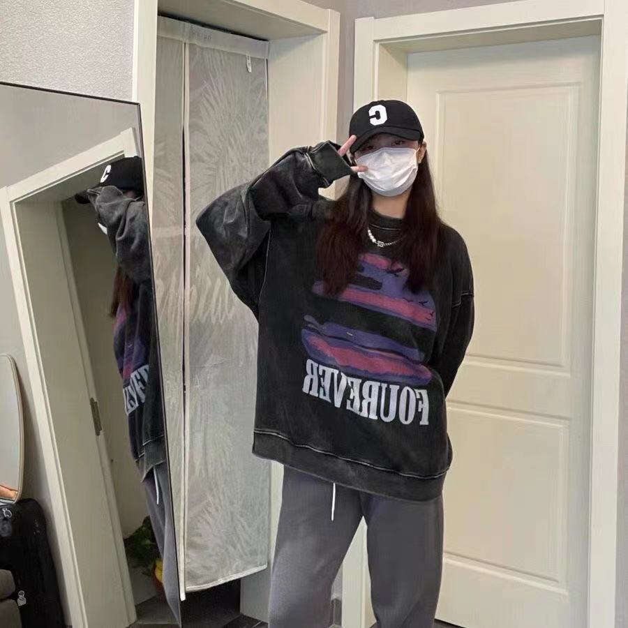 Vintage Distressed Sweatshirts Fleece Women Hip Hop Streetwear O-Neck Loose Long Sleeve Print Graphic Hoodie Autumn Winter