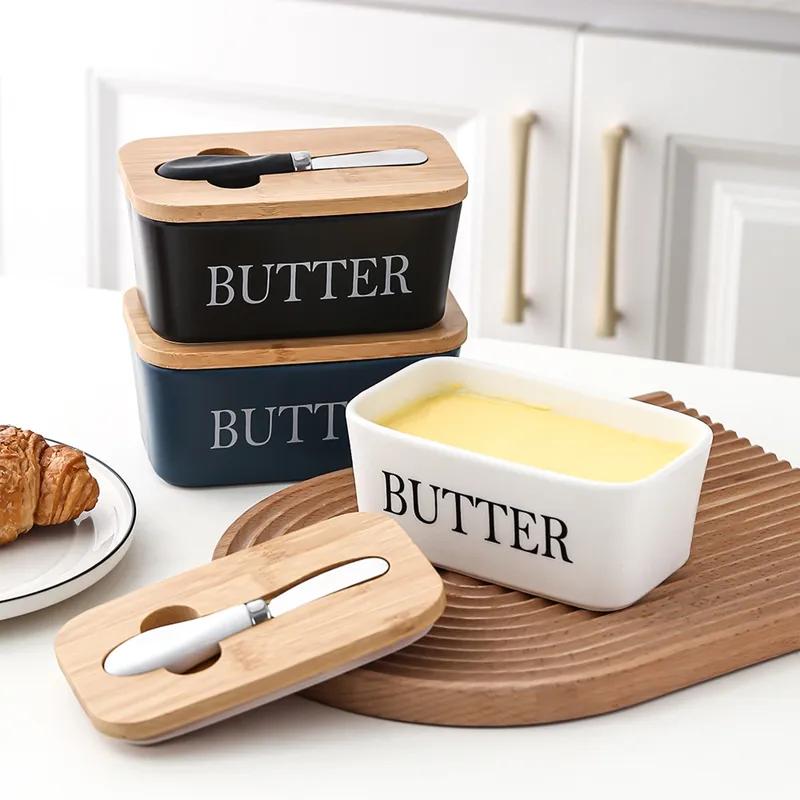 Rectangular Ceramic Butter Box Sealed Jar Butter Box Knife Western Style Household Cheese Box Kitchen Storage Tool YLE33