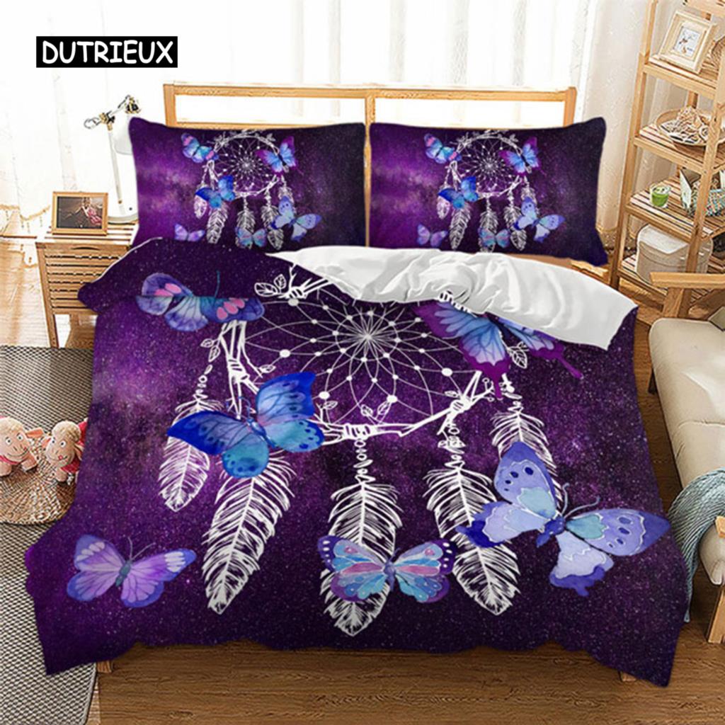 Set de lenjerie de pat Prindător de vise cu fluturi violet Husă de plapumă cu fețe de pernă Twin Full Queen King Size Lenjerie de pat 3 piese textil de casă