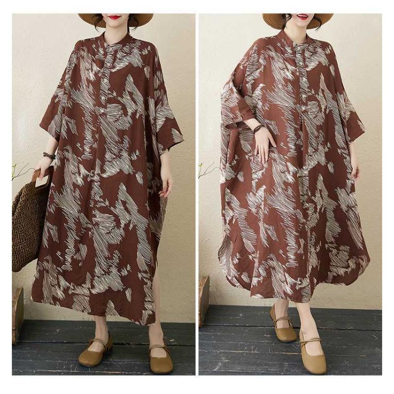 Temperament Literary Vintage Printed Stand Collar Loose Oversized Vacation Dresses