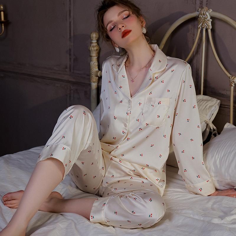 New Pajamas Women's Summer Ice Silk New Set Cherry Women's Thin Loungewear Can Be Worn Outside