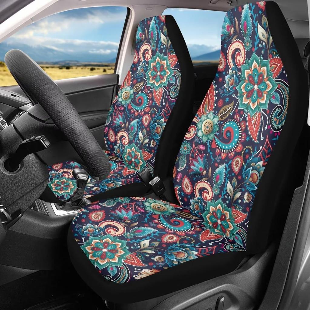 Bulopur Black Boho Floral Car Seat Covers Front Seats Only for Women Men Seat Covers w/Organizer Pocket for Cars SUV Truck Sedan