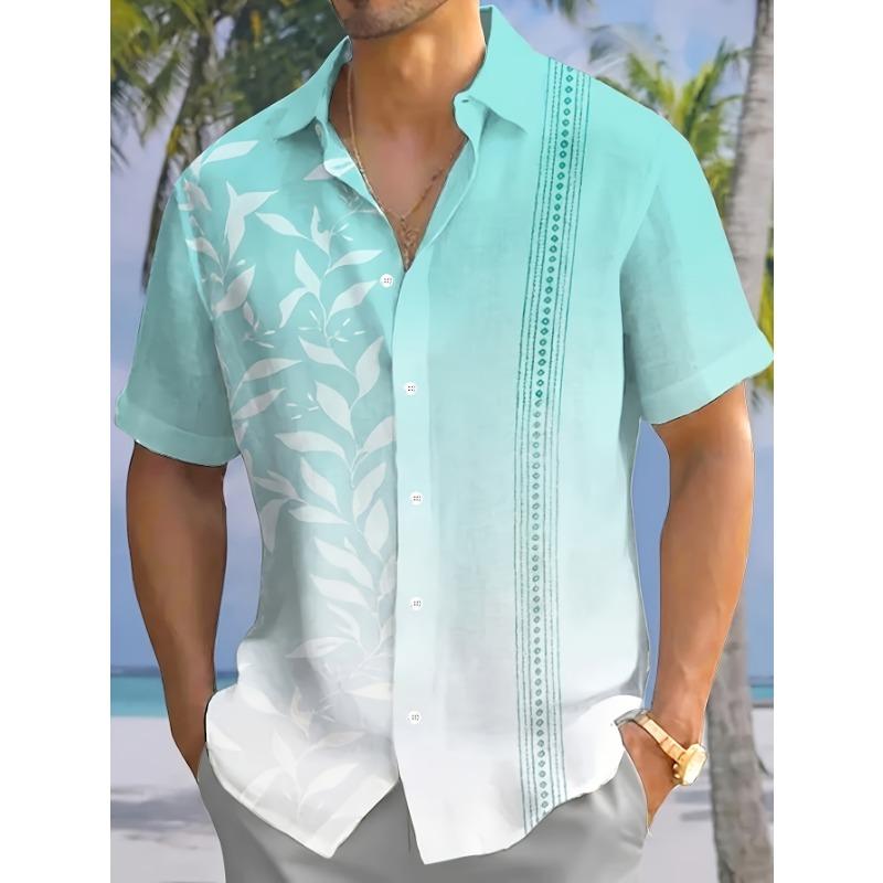 Men's Short-Sleeve Button-Up Shirt with a Gradient Color Print of Hawaiian Foliage