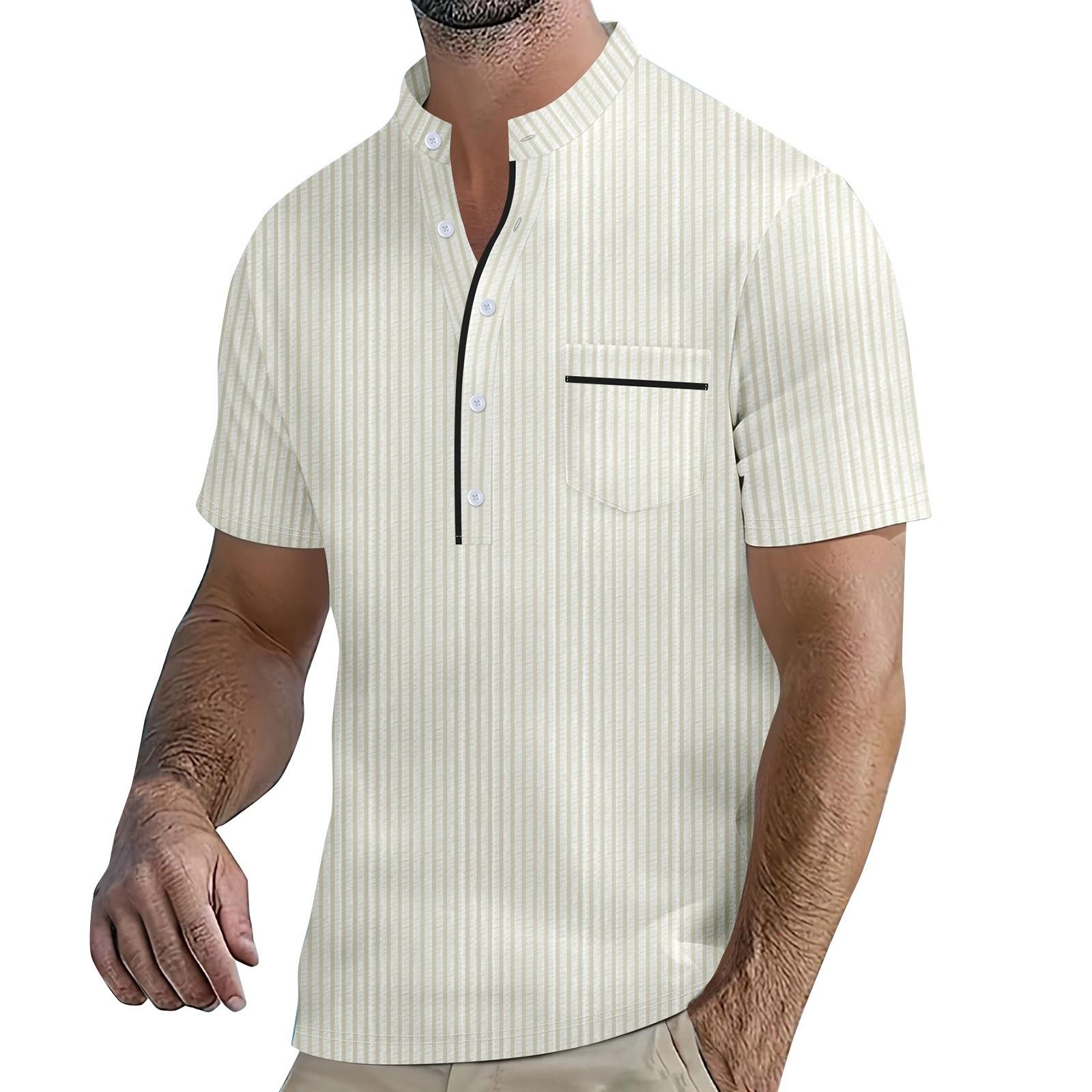 

Men s Summer Stripe Button Collar Short Sleeve Tops Men s Casual Loose Fashion Pocket Tops L бежевий