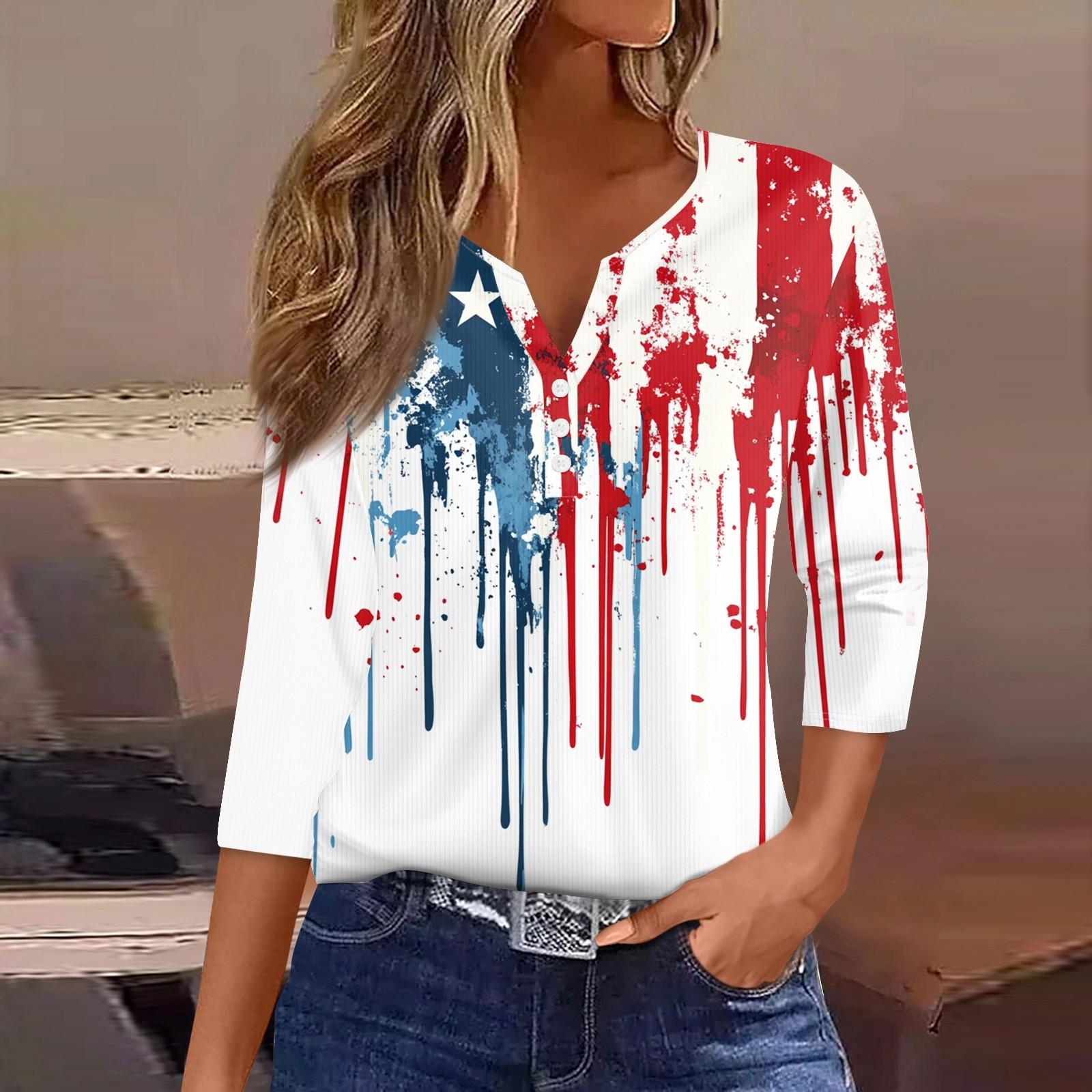 

Женская футболка с принтом на пуговицах, рукав 3/4, туника, повседневная мода на выходные, базовый топ с V-образным вырезом XL белый