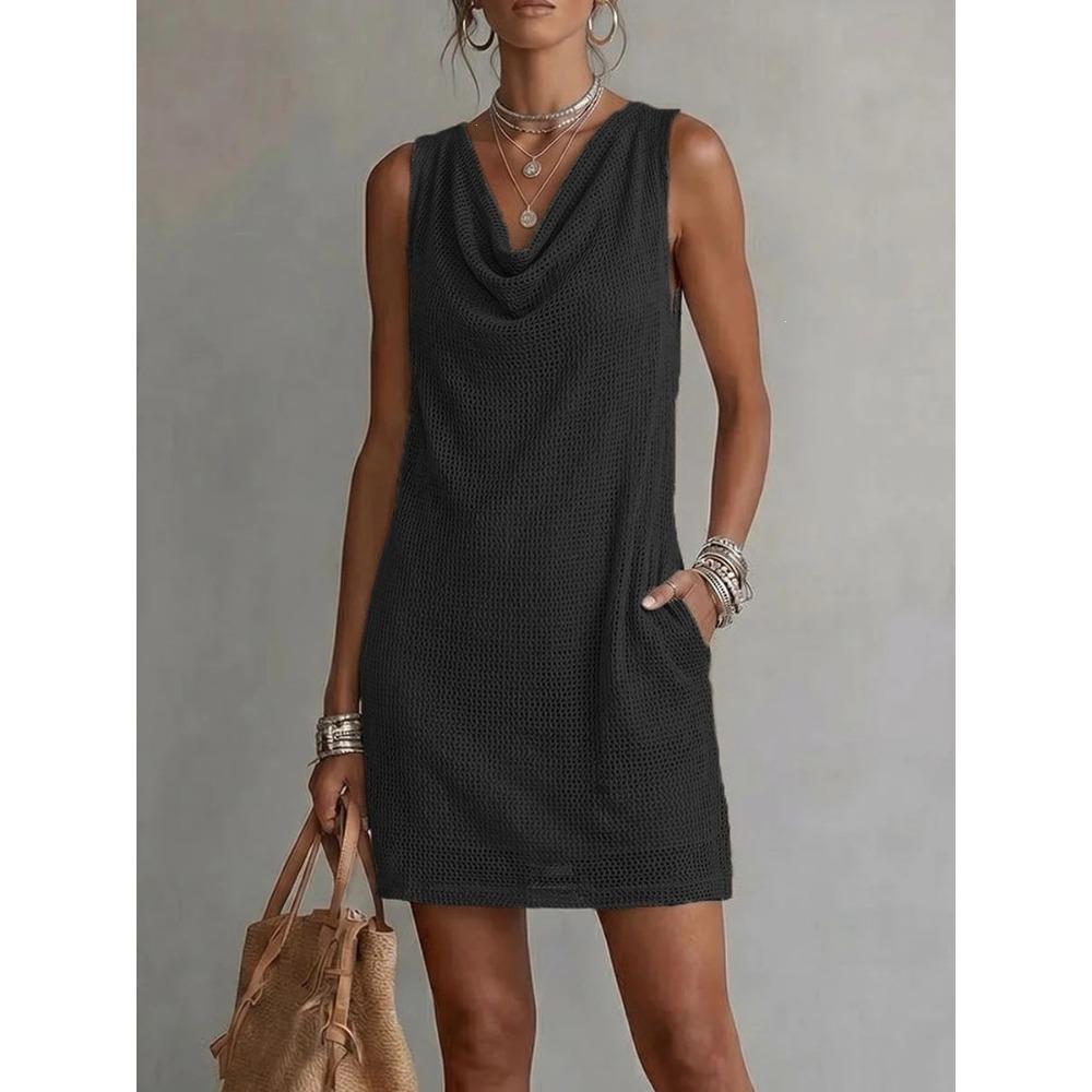 Women s Cowl Neck Sleeveless Loose Knit Mini Dress Pocket Design Solid Summer Casual Short Dress S чёрный