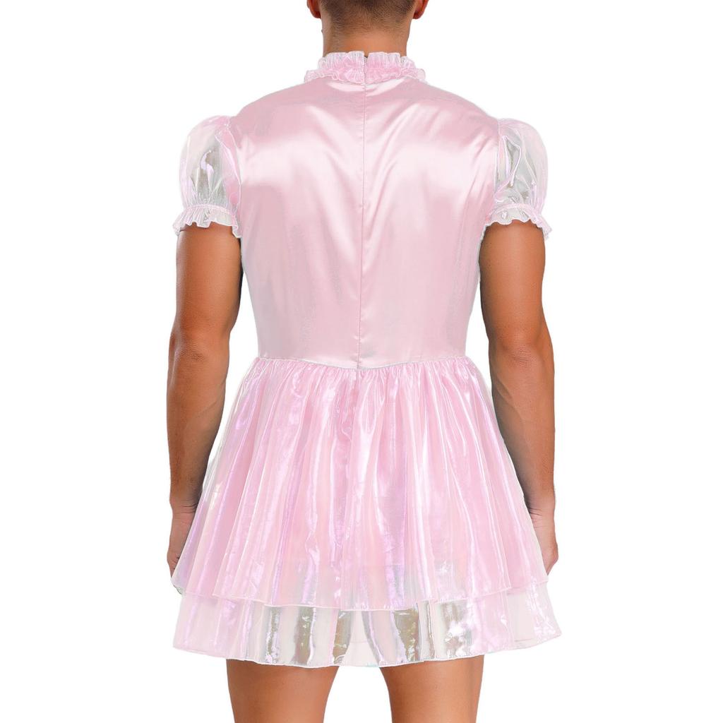 Herre Sissy Maid Kjole Kapper Kant Puffermer Sløyfedetalj Glitrende Puffete Kjole Låsbar Crossdressing Kostyme