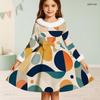 Girls High Neck Long Sleeve Geometric Printed Green Khaki Bow Decor Furry Trim A Line Flared Dress
