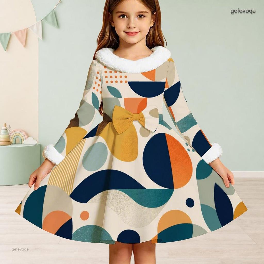 Girls High Neck Long Sleeve Geometric Printed Green Khaki Bow Decor Furry Trim A Line Flared Dress