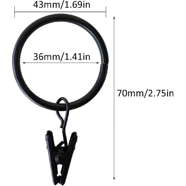 Curtain Rings with Clips - 1.41'' Interior Diameter, Strong Metal Decorative Drapery Window Curtain Ring with Clip, Set of 40(Black)