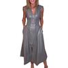 Women's Faux Leather Front Zip Long Dress V Neck Sleeveless Smocked High Waist Pleated
