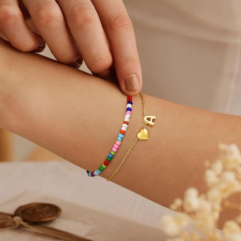 Double Layer Heart Beaded Bracelet Feature Initial Charm Letter Fashion Copper Jewelry Gift For Teen Girls Women