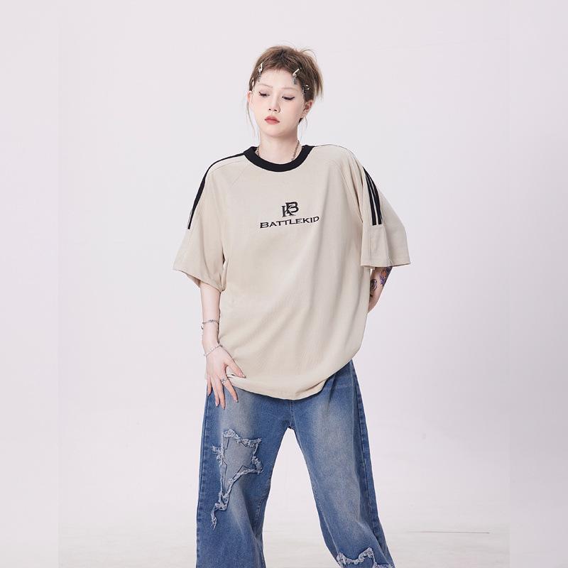 

2025 Американский уличный стиль Полосатая лоскутная футболка реглан с коротким рукавом Тяжелая мужская футболка M абрикосовый