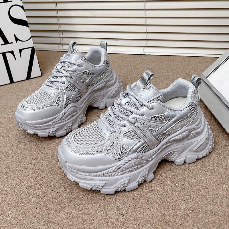 European station leather mesh platform dad shoes women 2025 new versatile round head lace-up casual sports shoes trendy shoes
