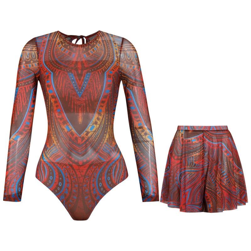 Swimsuit Women's Long Sleeve Sunscreen Swimsuit European and American Short Skirt Set Bikini