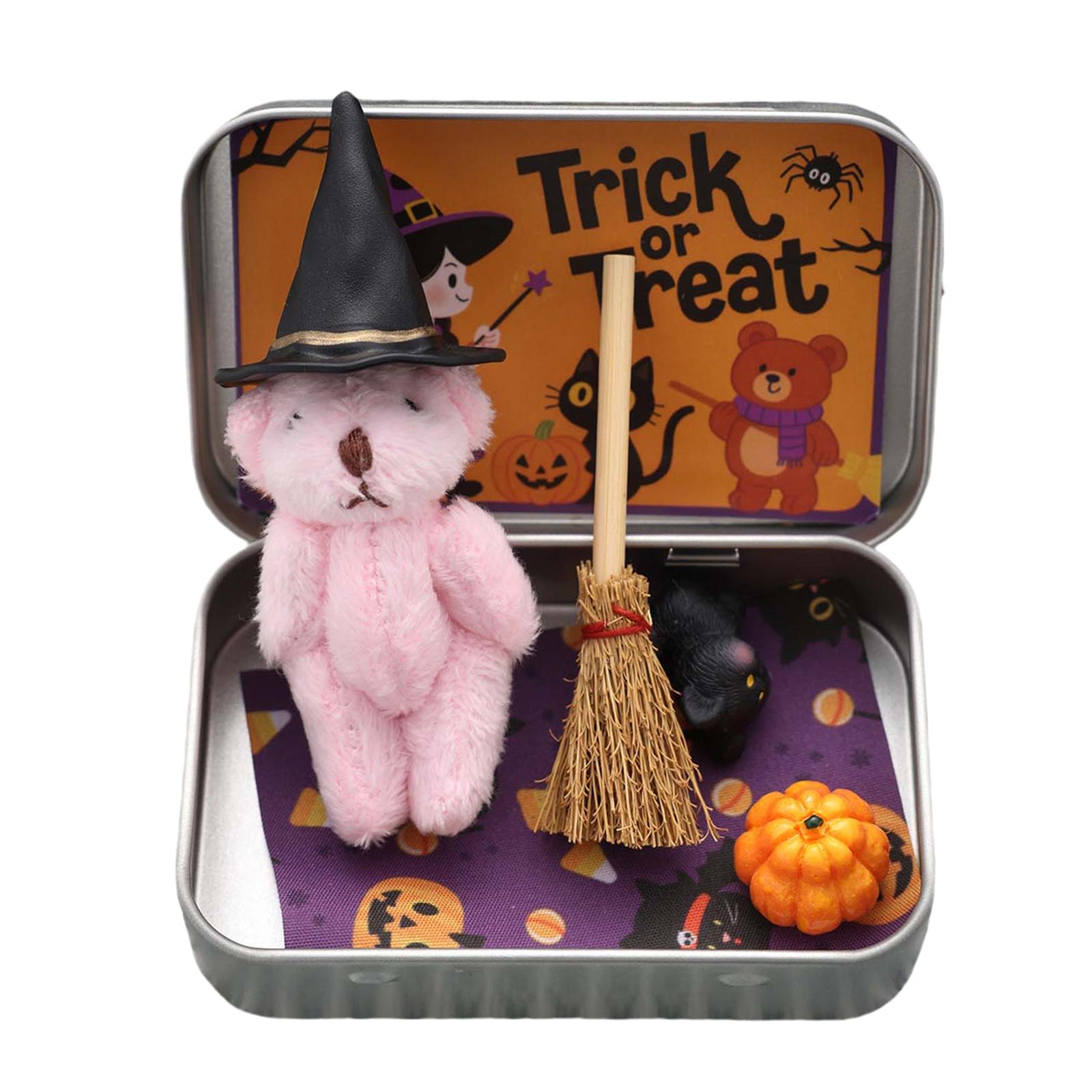 

Halloween Bear in A Box for Trick Or Treat with Witch Blanket Cute Halloween Bear with Broom Pumpkin & Cat Witch Ornaments