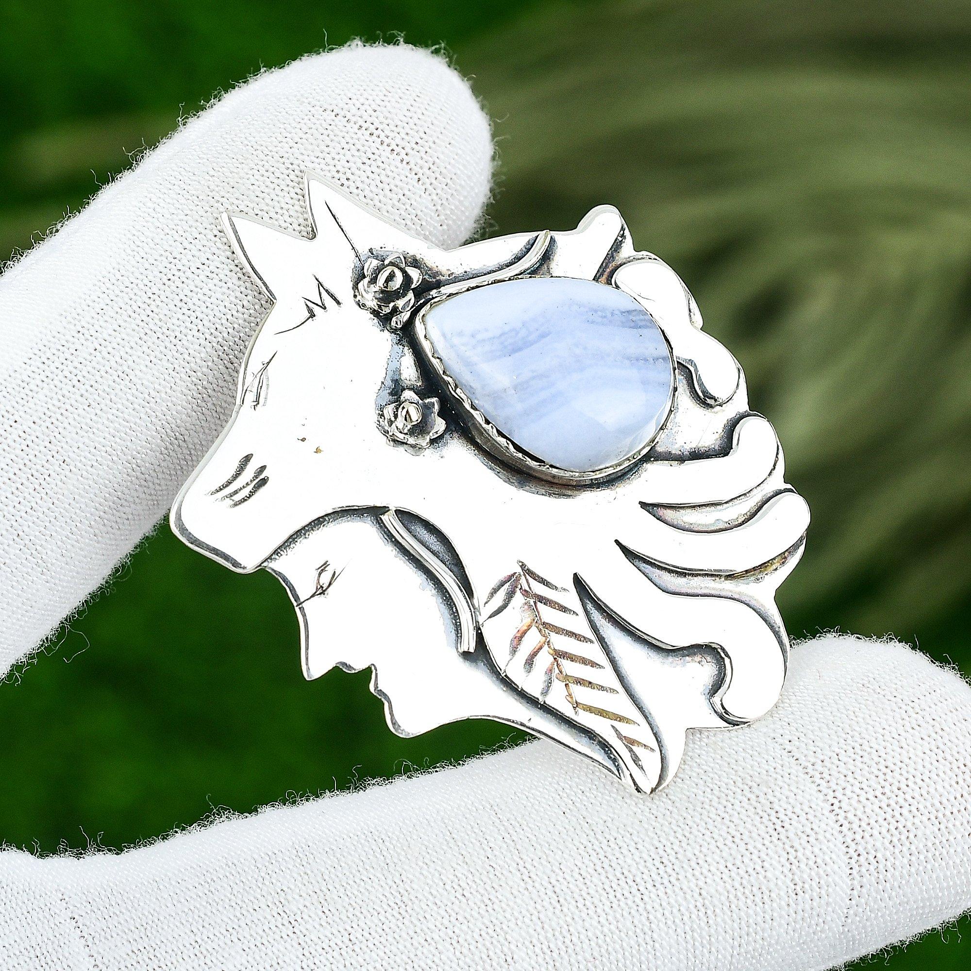 

Sterling Silver Third Eye Chakra Pear Natural Blue Lace Agate Engagement Pendant