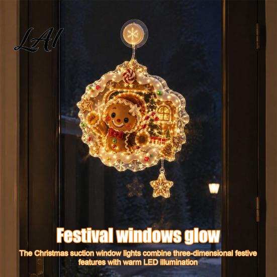 Decorative Window Silhouette Christmas Suction Cup Light 7.8-Inch Double-Layer Warm LED Hanging Glass Light Battery Powered for Holiday Windows,