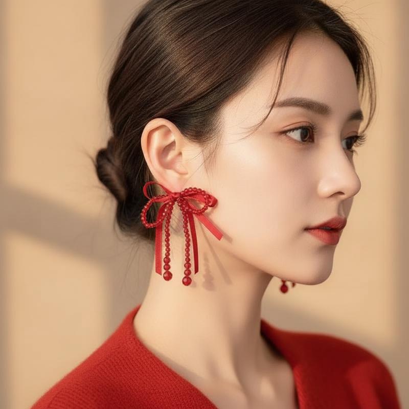 Statement Lucky Red Earrings Personality Big Ribbon Knot Tassel Long Drop Jewelry For Women Korean Style