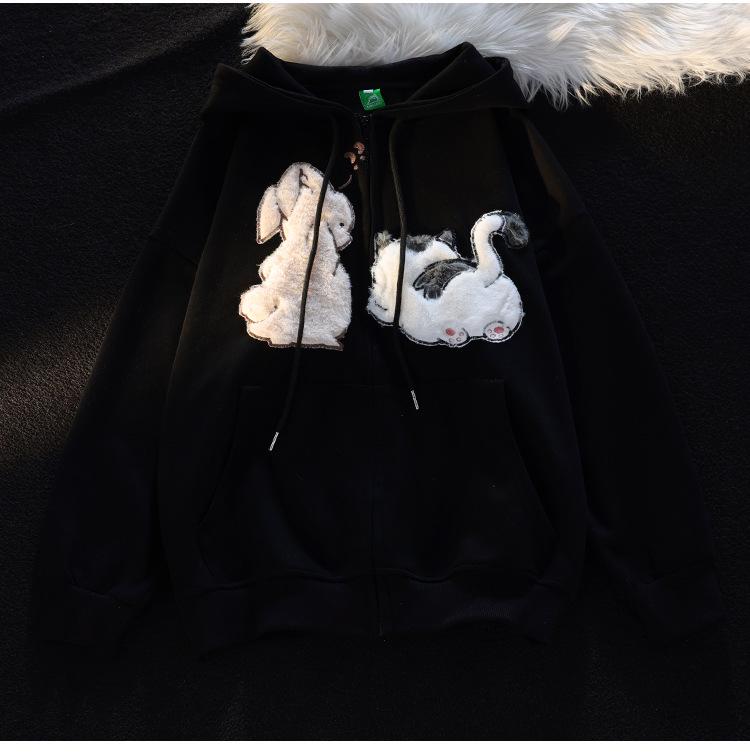 American Vintage Cartoon Embroidered Short-Sleeve Hooded Sweatshirt - Loose Fit for Spring and Autumn