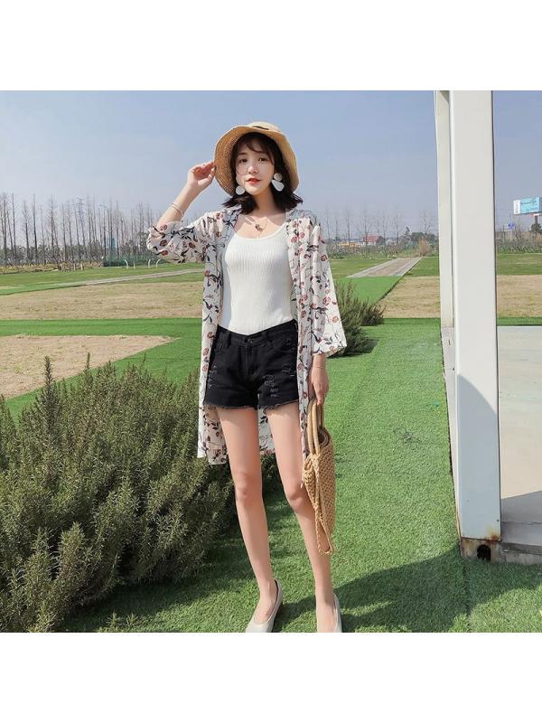 Women Mid-Length Chiffon Print Sun Protection Clothing Seven-Point Sleeve Cardigan