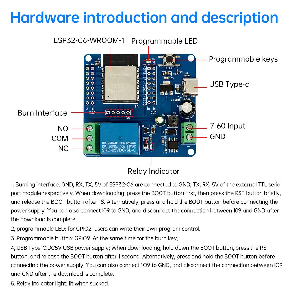DC 5-60V Single Relay Module onboard ESP32-C6 WIFI Bluetooth5.3 Development Board Module Type-C Interface Supports SPI/UART /I2C