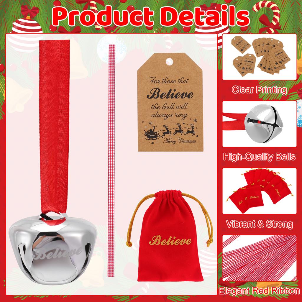 16 Sets Christmas Believe Bell Ornaments Xmas Bell With Red Velvet Bag Believe Tags Ribbons Xmas Tree Hanging Decor Jingle Bells