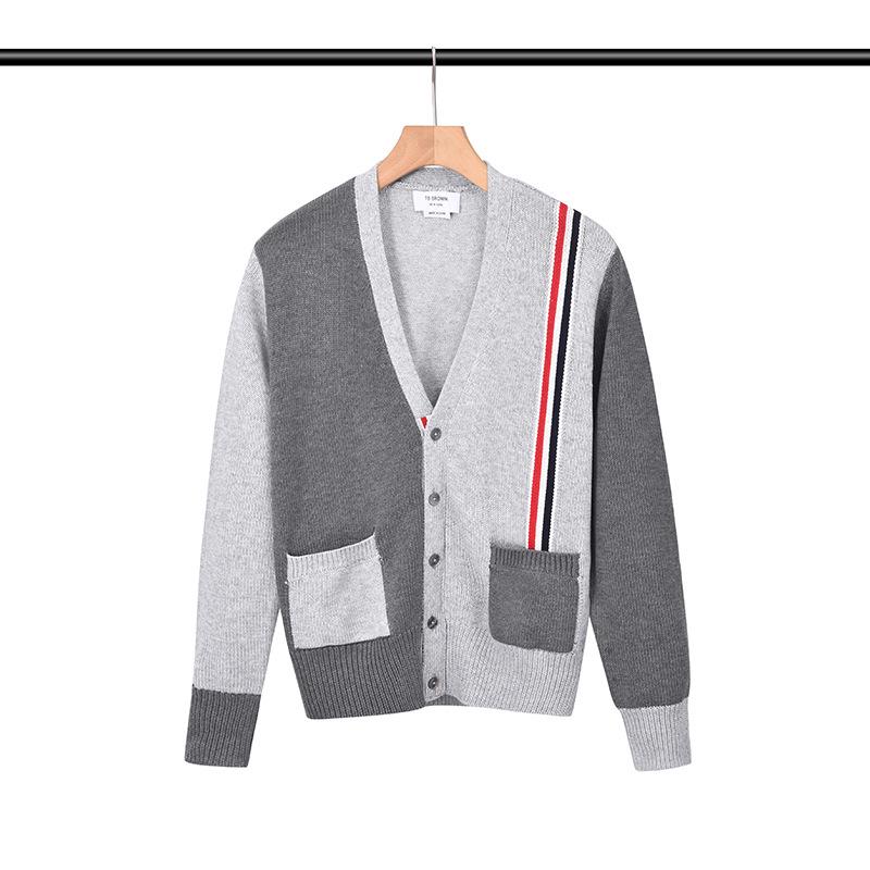 

Men s Color Block V-Neck Cardigan Sweater - Korean Style with Four Stripes, Autumn/Winter 2025 Collection 1 серый