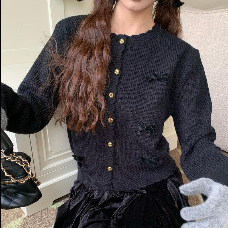 New autumn style bow knit sweater with lace design short and gentle sweater cardigan for women