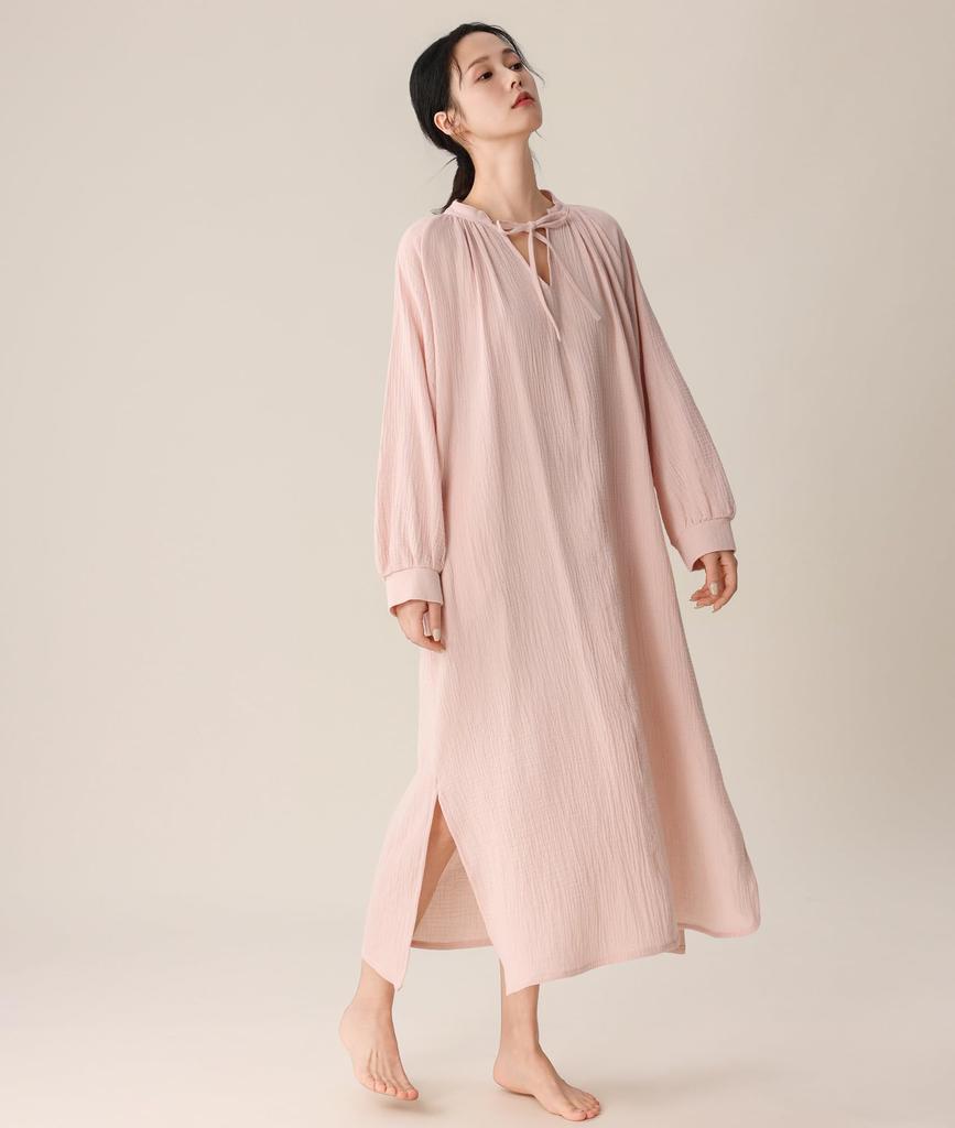 Long Sleeve Lounge Double Long Loose Plus Fits and Hospital Solid Pink [House Yayoi] Dress, Fall/Winter, Gauze, Cotton, Length, Fit, Sizes, V-Neck,
