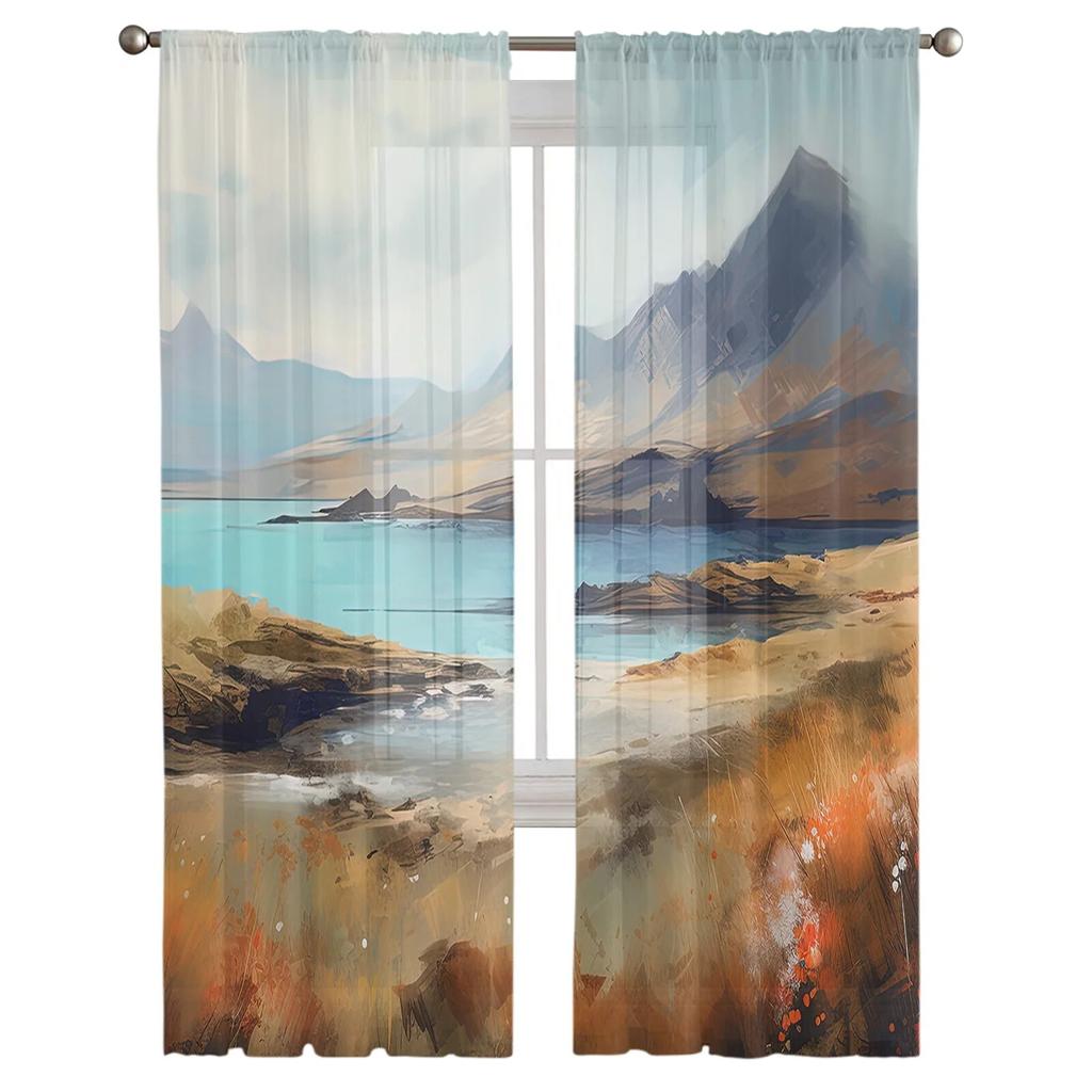 Landscape Clouds Stones Bedroom Transparent Sheer Curtains Holiday Decoration Window Voile Tulle Curtain