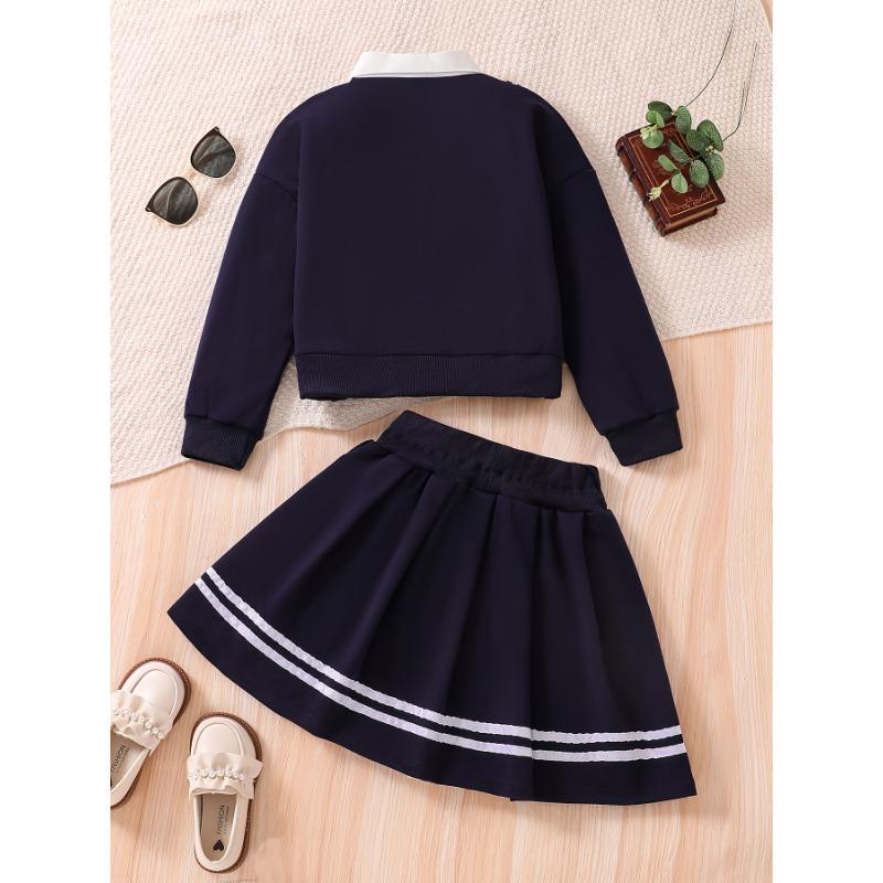[Campus Style Set] Two-Piece Set: Young Girl's Campus Style | Short Loose Version Long-Sleeved Sweatshirt Jacket + Striped Pleated Skirt with Tie