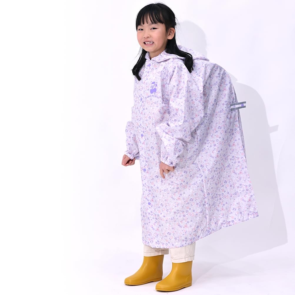ogawa Size OLIVE Des Fits Over a School Adjustable Includes Storage Product 71013 Kids' Raincoat, 150cm, Girls, OLIVE, Purple/Floral Print, Backpack,