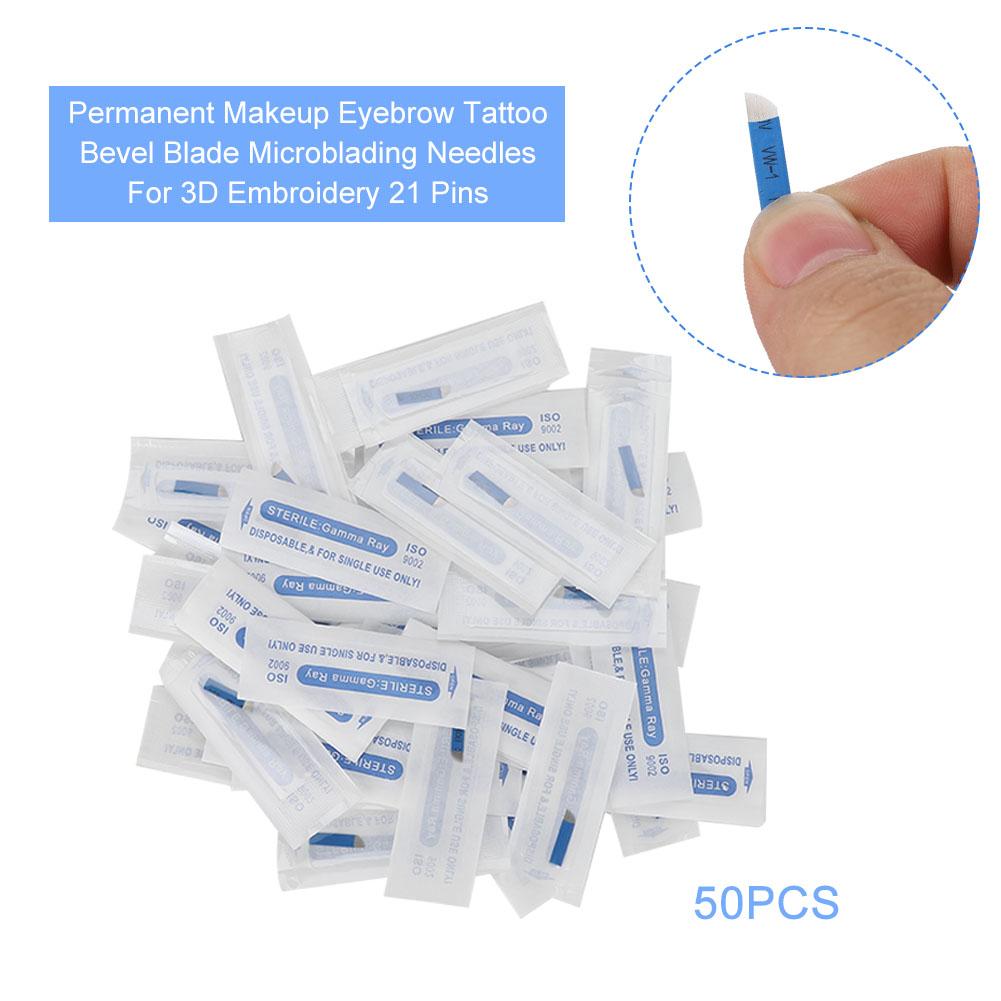 50 Stück Permanent Make-up Augenbrauen-Tattoo Schräge Klinge Microblading Nadeln für 3D Stickerei 21 Pin