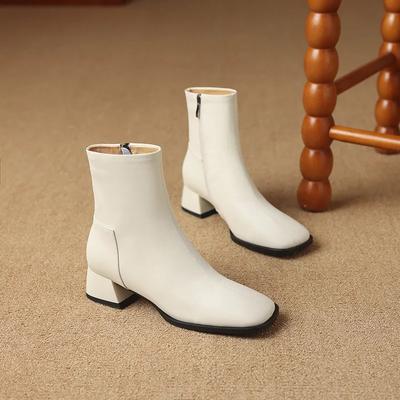 2024 New Women's Boots Solid Color Versatile and Comfortable Square Toe Short Women's Boots Nude Boots Zipper Decoration