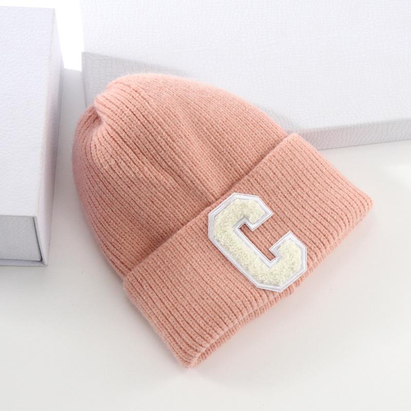 New Wool Hat Women's Autumn and Winter Warm Letter C Pullover Hat Student Solid Color Knitted Hat