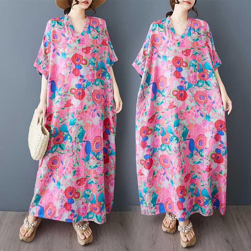 Summer V-neck Retro Cotton and Linen Dress