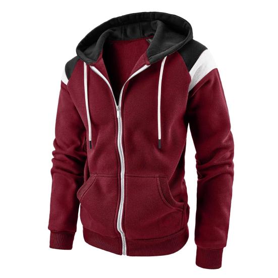 Men Autumn Coat Contrast Colors Hooded Hat Long Sleeves Pockets Warm Plush Drawstring Cardigan Spring Hoodie Coat for Daily Wear