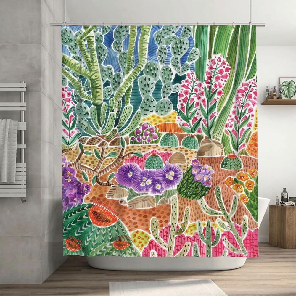 Vivid Cactus Shower Curtain Floral Desert Decor for Bathrooms 180 x 180cm Printed Fabric Waterproof Bathtub Liner Home Decoratio
