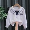 Girls Ruffled Collar Long Sleeve White Blouse Kids Elegant Lapel Button Down Shirt