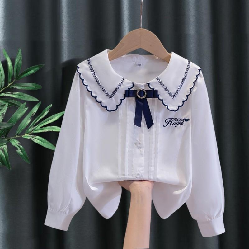 Girls Ruffled Collar Long Sleeve White Blouse Kids Elegant Lapel Button Down Shirt