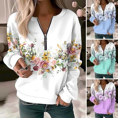 Blumendruck, V-Ausschnitt, Reißverschluss, Dekor, Langarm-Pullover, weich, lässig, dicke elastische Manschette, Damen-Top-Bluse