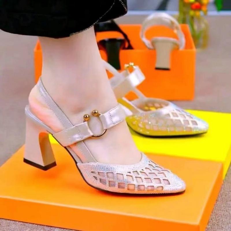 

Soft leather pointed one-word buckle sandals women s high-heeled mesh yarn rhinestone hollow shallow mouth single shoes women s bag head empty leath 40 шампанского