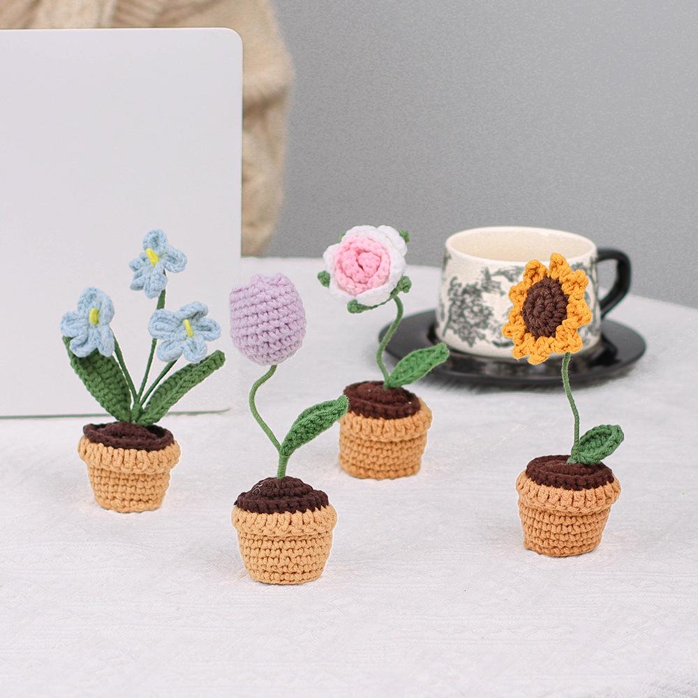 Crocheted Wool Flowers in Pots - Everlasting Indoor Ornaments for Car or Home