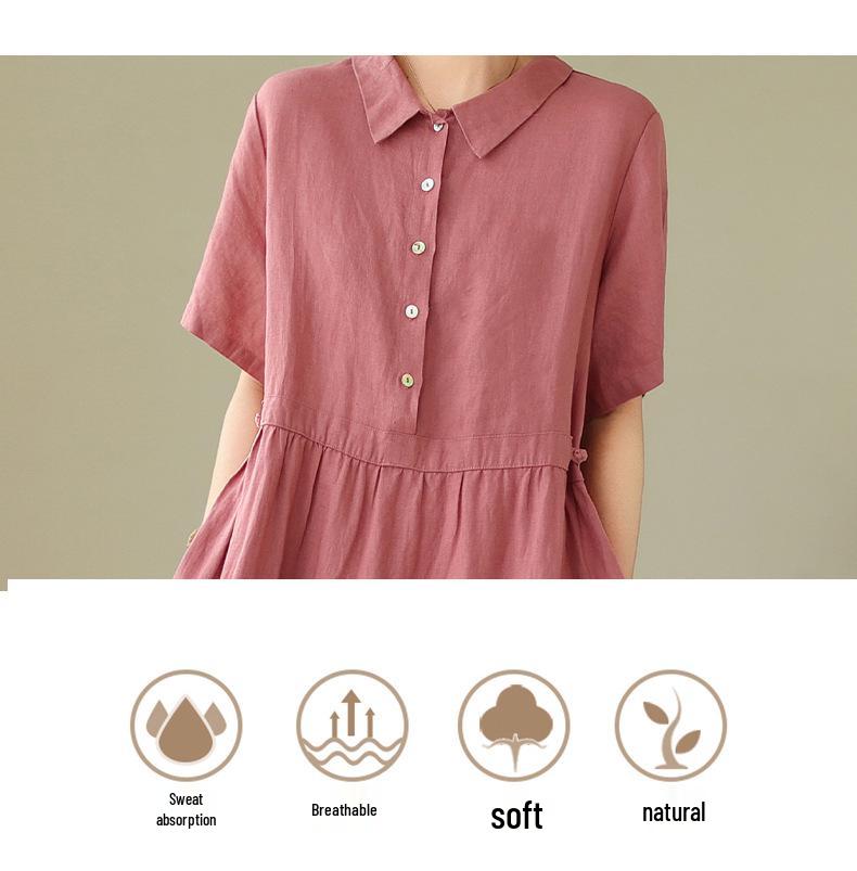 2024 Summer Japanese Style Cotton-Linen Polo Collar Midi Dress for Women